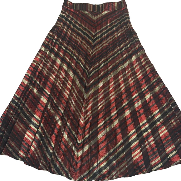 Zara Claret Metallic Pleated Midi Skirt Size Medium Black Red Gold - Picture 2 of 8